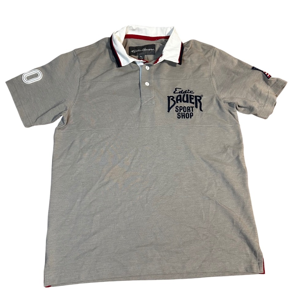 Eddie Bauer Sport Shop Mens M Gray Polo Shirt USA Flag Patch "20" Graphic